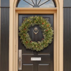 Shop National Tree Company Pre-Lit Artificial Christmas Wreath, Green, Crestwood Spruce, White Lights, Decorated With Pine Cones, Berry Clusters, Frosted Branches, Christmas Collection, 36 Inches
