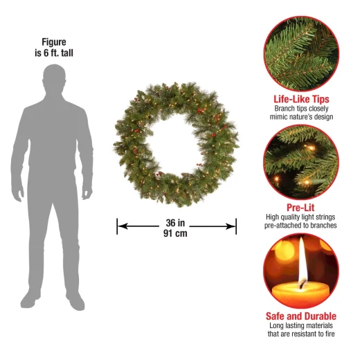 Shop National Tree Company Pre-Lit Artificial Christmas Wreath, Green, Crestwood Spruce, White Lights, Decorated With Pine Cones, Berry Clusters, Frosted Branches, Christmas Collection, 36 Inches