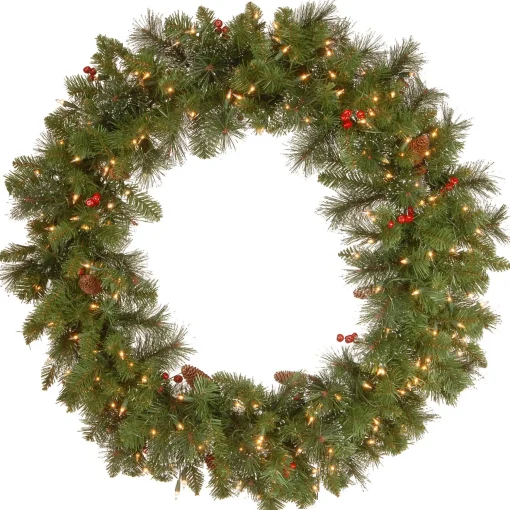 Shop National Tree Company Pre-Lit Artificial Christmas Wreath, Green, Crestwood Spruce, White Lights, Decorated With Pine Cones, Berry Clusters, Frosted Branches, Christmas Collection, 36 Inches