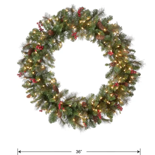 Shop National Tree Company Pre-Lit Artificial Christmas Wreath, Green, Crestwood Spruce, White Lights, Decorated With Pine Cones, Berry Clusters, Frosted Branches, Christmas Collection, 36 Inches