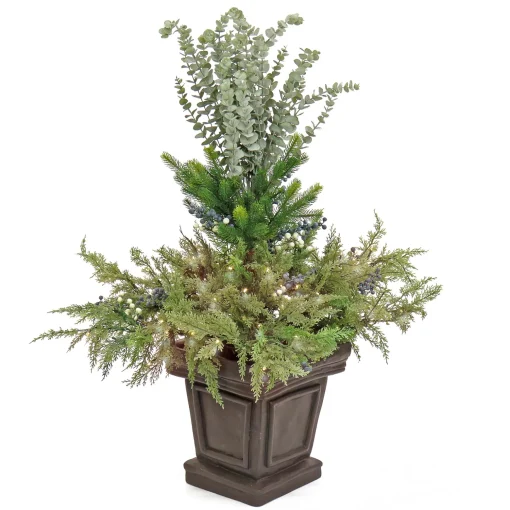 Pre Lit Artificial Shrub, Cedar And Evergreen, Decorated With Blue And White Berries, Warm White Led Lights, Includes Stylish Brown Base, Battery Powered, Christmas Collection, 48 Inches^National Tree Company Flash Sale