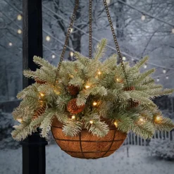 Fashion National Tree Company Pre-Lit 'Feel Real' Artificial Christmas Hanging Basket, Arctic Spruce, Decorated With Frosted Pine Cones, White Lights, Christmas Collection, 20 Inches