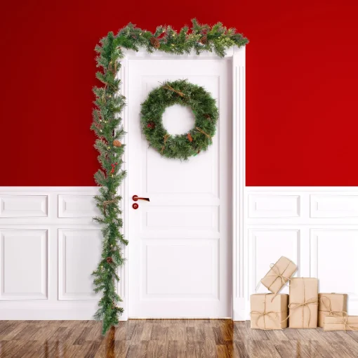 Best National Tree Company 9'X10" Glistening Pine Garland With Pine Cones And Red Berries