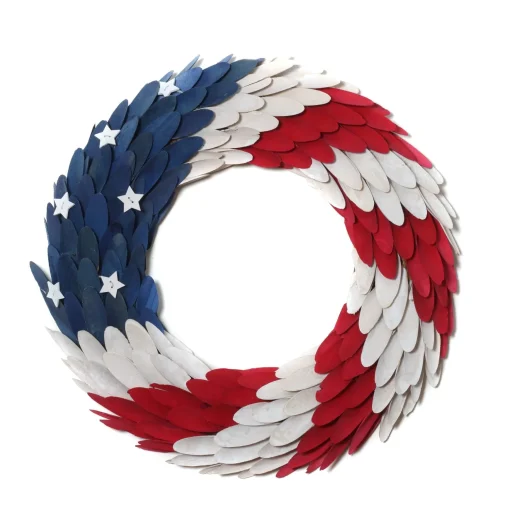Clearance National Tree Company Patriotic Artificial Hanging Wreath Foam Base Decorated With Red White And Blue Wooden Feathers Stars 4Th Of July Collection 18 Inches