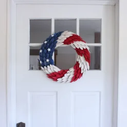Clearance National Tree Company Patriotic Artificial Hanging Wreath Foam Base Decorated With Red White And Blue Wooden Feathers Stars 4Th Of July Collection 18 Inches