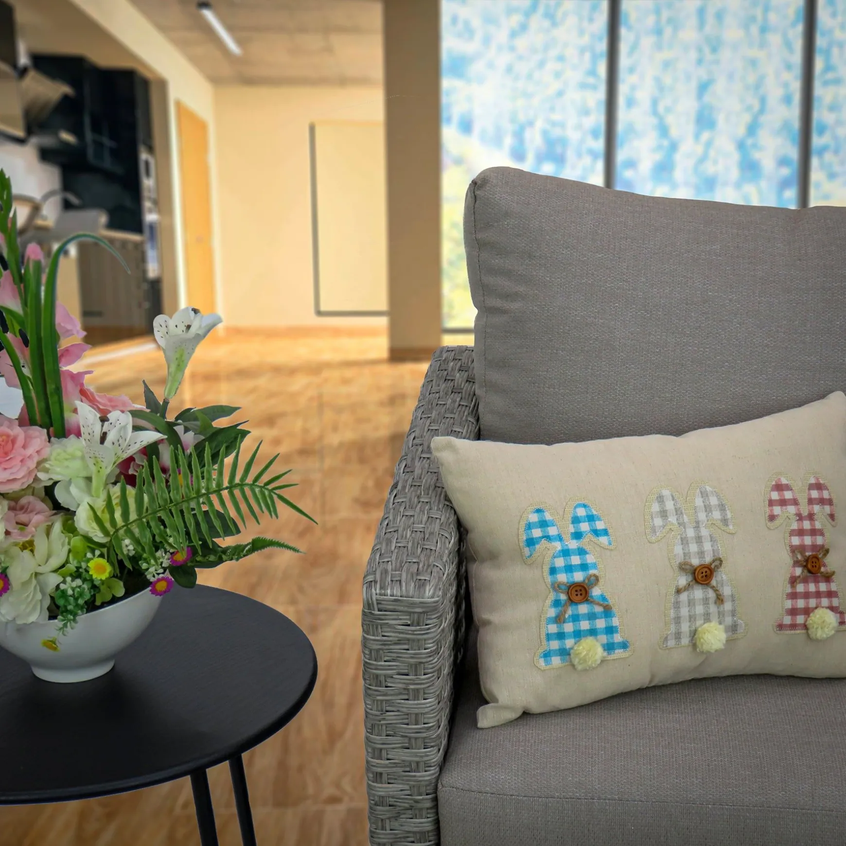 Fashion National Tree Company Plaid Bunnies Decorative Pillow, Beige, Easter Collection, 18 Inches