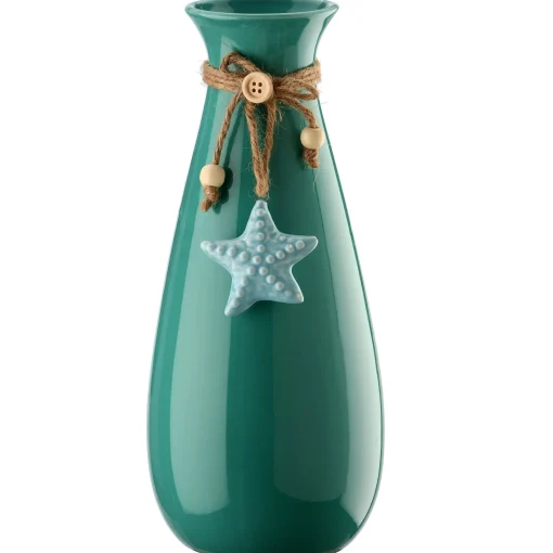 Clearance National Tree Company Porcelain Vase, Aqua Green, Decorated With Star Fish, Spring Collection, 10 Inches