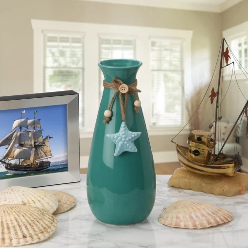 Clearance National Tree Company Porcelain Vase, Aqua Green, Decorated With Star Fish, Spring Collection, 10 Inches