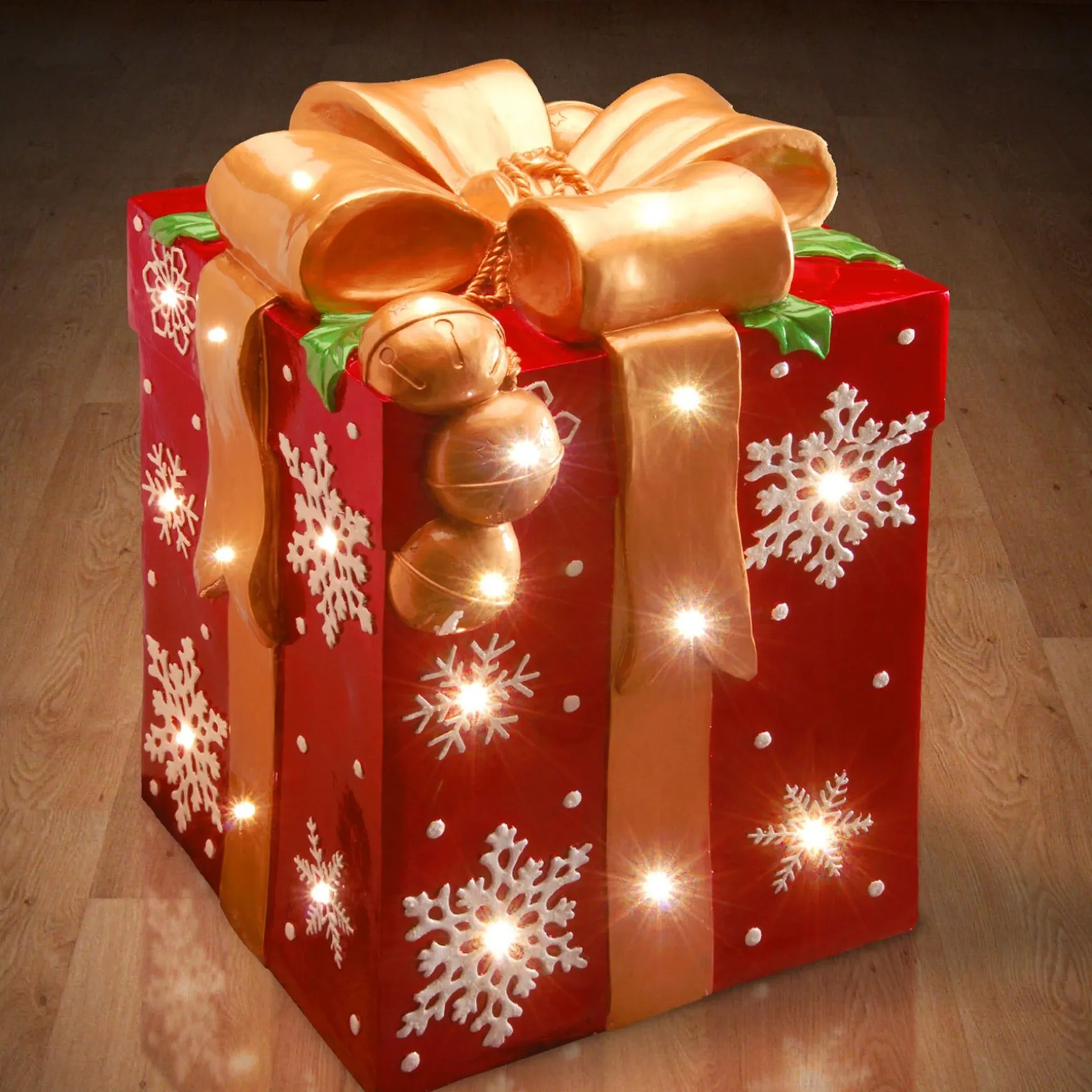 Store National Tree Company Pre-Lit 21" Led Red Gift Box With Gold Bow Decor