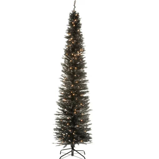 New National Tree Company Pre-Lit Artificial Christmas Tree, Black Tinsel, White Lights, Includes Stand, 7 Feet