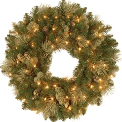 Discount National Tree Company Pre-Lit Artificial Christmas Wreath, Green, Carolina Pine, White Lights, Decorated With Pine Cones, Christmas Collection, 24 Inches