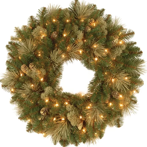 Discount National Tree Company Pre-Lit Artificial Christmas Wreath, Green, Carolina Pine, White Lights, Decorated With Pine Cones, Christmas Collection, 24 Inches