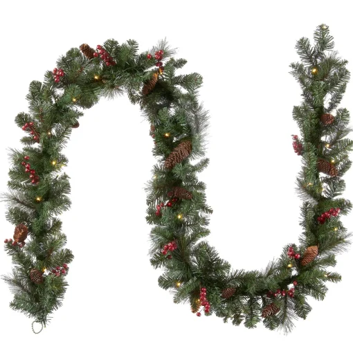 Online National Tree Company Pre-Lit Artificial Christmas Garland, Green, Crestwood Spruce, White Lights, Decorated With Pine Cones, Berry Clusters, Plug In, Christmas Collection, 9 Feet