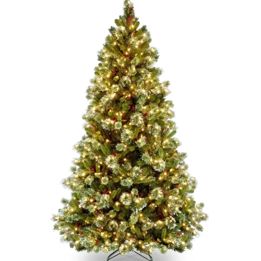 Fashion National Tree Company Pre-Lit Artificial Christmas Tree, Wintry Pine, Green, White Lights, Decorated With Pine Cones, Berry Clusters, Includes Stand, 7.5 Feet