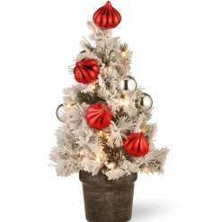 Best Sale National Tree Company Pre-Lit Artificial Christmas Tree, Green, Snowy Bristle Pine, White Led Lights, Decorated With Pine Cones, Ball Ornaments, Includes Pot Base, Battery Operated, 24 Inches