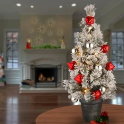 Best Sale National Tree Company Pre-Lit Artificial Christmas Tree, Green, Snowy Bristle Pine, White Led Lights, Decorated With Pine Cones, Ball Ornaments, Includes Pot Base, Battery Operated, 24 Inches