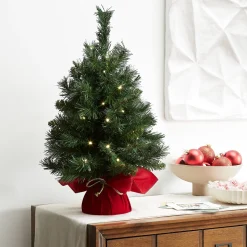 New National Tree Company Pre-Lit Artificial Christmas Tree, Green, Majestic Fir, White Led Lights, Includes Cloth Bag Base, Battery Operated, 24 Inches