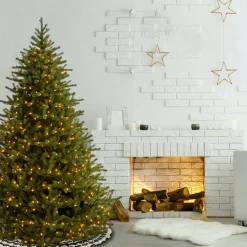 Pre-Lit Artificial Christmas Tree, Noble Fir, Green, White Lights, Includes Stand, 7.5 Feet^National Tree Company Cheap