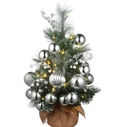 Pre-Lit Artificial Christmas Tree, Green, Frosted Silver Pine, White Led Lights, Decorated With Berry Clusters, Ball Ornaments, Includes Cloth Bag Base, Battery Operated, 24 Inches^National Tree Company Outlet