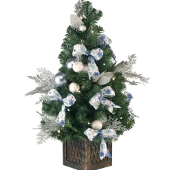 Store National Tree Company Pre-Lit Artificial Christmas Tree, Ornament, Green, White Lights, Decorated With Pine Cones, Ornaments, Includes Pot Base, 4 Feet