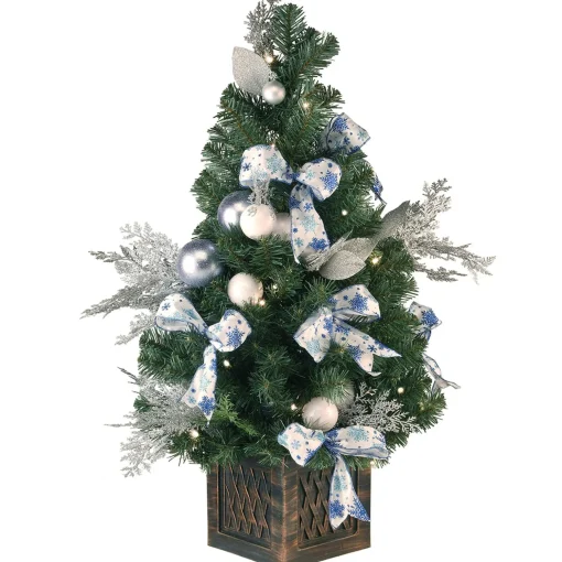 Store National Tree Company Pre-Lit Artificial Christmas Tree, Ornament, Green, White Lights, Decorated With Pine Cones, Ornaments, Includes Pot Base, 4 Feet