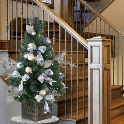 Store National Tree Company Pre-Lit Artificial Christmas Tree, Ornament, Green, White Lights, Decorated With Pine Cones, Ornaments, Includes Pot Base, 4 Feet