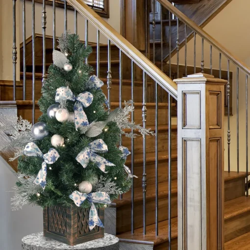 Store National Tree Company Pre-Lit Artificial Christmas Tree, Ornament, Green, White Lights, Decorated With Pine Cones, Ornaments, Includes Pot Base, 4 Feet