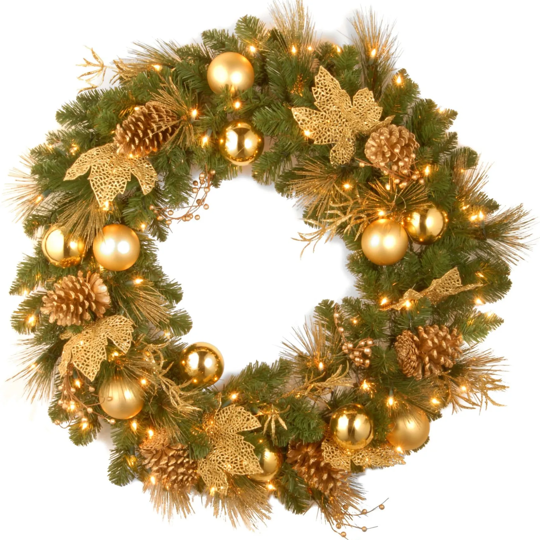 Clearance National Tree Company Pre-Lit Artificial Christmas Wreath, Green, Elegance, White Lights, Decorated With Pine Cones, Berry Clusters, Ball Ornaments, Christmas Collection, 36 Inches