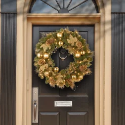 Clearance National Tree Company Pre-Lit Artificial Christmas Wreath, Green, Elegance, White Lights, Decorated With Pine Cones, Berry Clusters, Ball Ornaments, Christmas Collection, 36 Inches