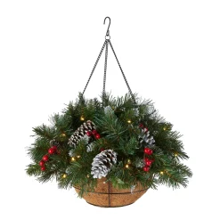 Shop National Tree Company Pre-Lit Artificial Christmas Hanging Basket, Frosted Berry, Decorated With Frosted Pine Cones, Berry Clusters, White Led Lights, Christmas Collection, 20 Inches