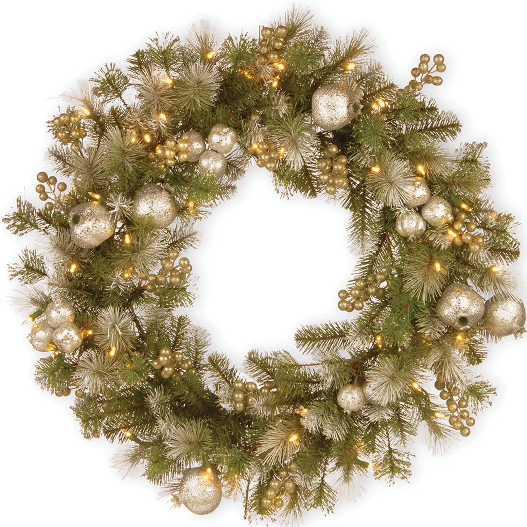 Hot National Tree Company Pre-Lit Artificial Christmas Wreath, Green, Glittery Pomegranate Pine, White Lights, Decorated With Pomegranates, Berry Clusters, Christmas Collection, 30 Inches