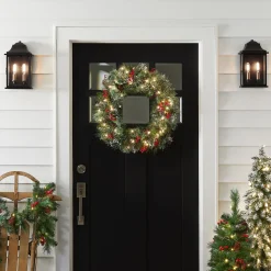 Fashion National Tree Company Pre-Lit Artificial Christmas Wreath, Green, Crestwood Spruce, White Lights, Decorated With Pine Cones, Berry Clusters, Frosted Branches, Christmas Collection, 24 Inches