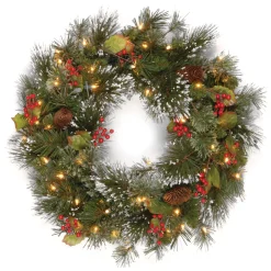 Fashion National Tree Company Pre-Lit Artificial Christmas Wreath, Green, Crestwood Spruce, White Lights, Decorated With Pine Cones, Berry Clusters, Frosted Branches, Christmas Collection, 24 Inches