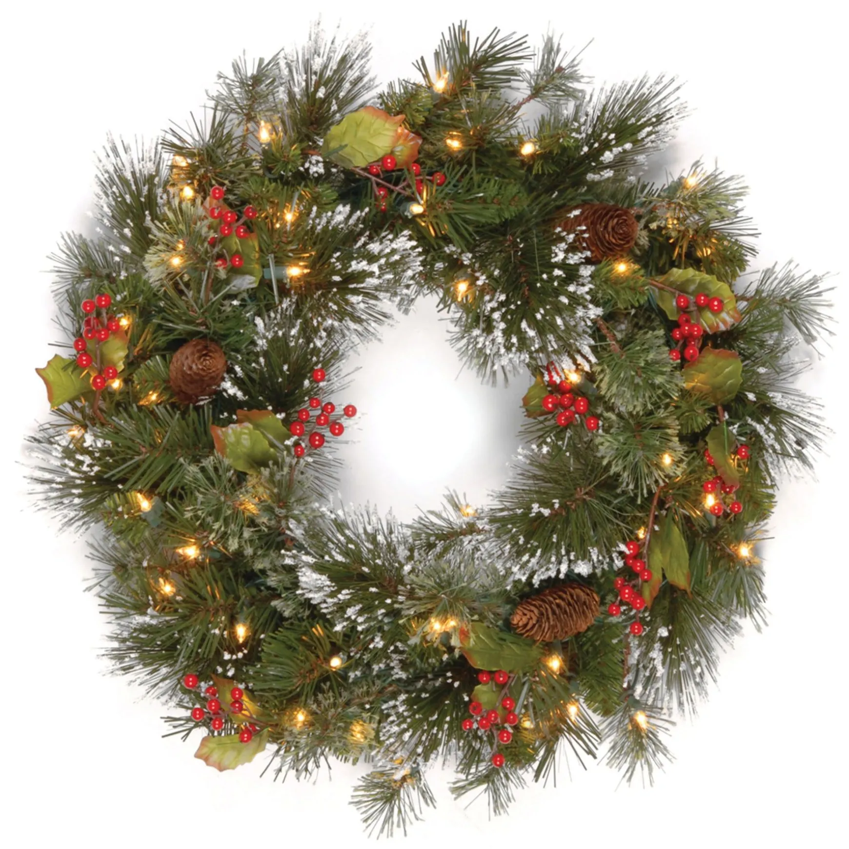 Fashion National Tree Company Pre-Lit Artificial Christmas Wreath, Green, Crestwood Spruce, White Lights, Decorated With Pine Cones, Berry Clusters, Frosted Branches, Christmas Collection, 24 Inches