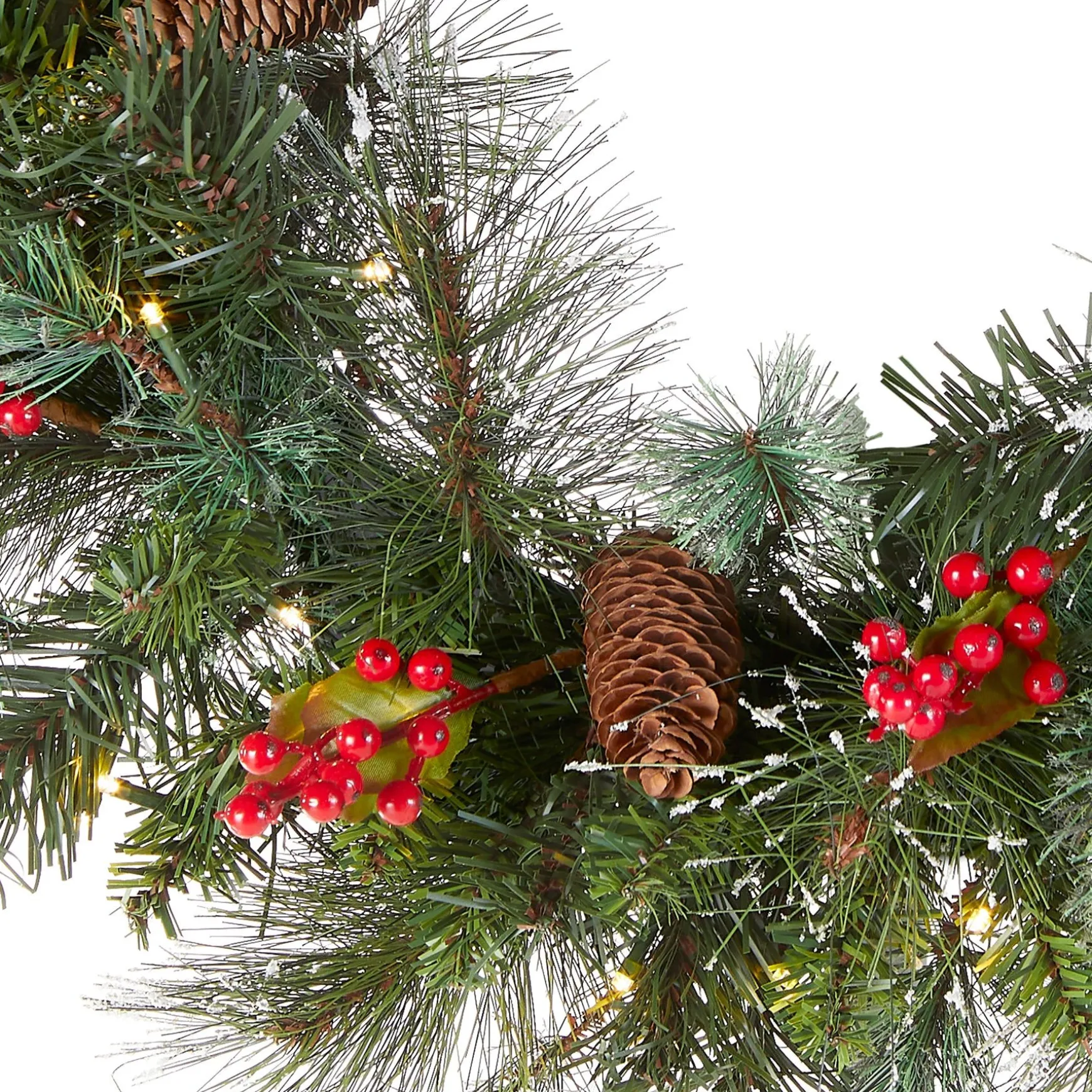 Fashion National Tree Company Pre-Lit Artificial Christmas Wreath, Green, Crestwood Spruce, White Lights, Decorated With Pine Cones, Berry Clusters, Frosted Branches, Christmas Collection, 24 Inches