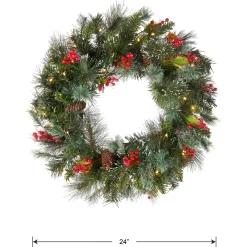 Fashion National Tree Company Pre-Lit Artificial Christmas Wreath, Green, Crestwood Spruce, White Lights, Decorated With Pine Cones, Berry Clusters, Frosted Branches, Christmas Collection, 24 Inches