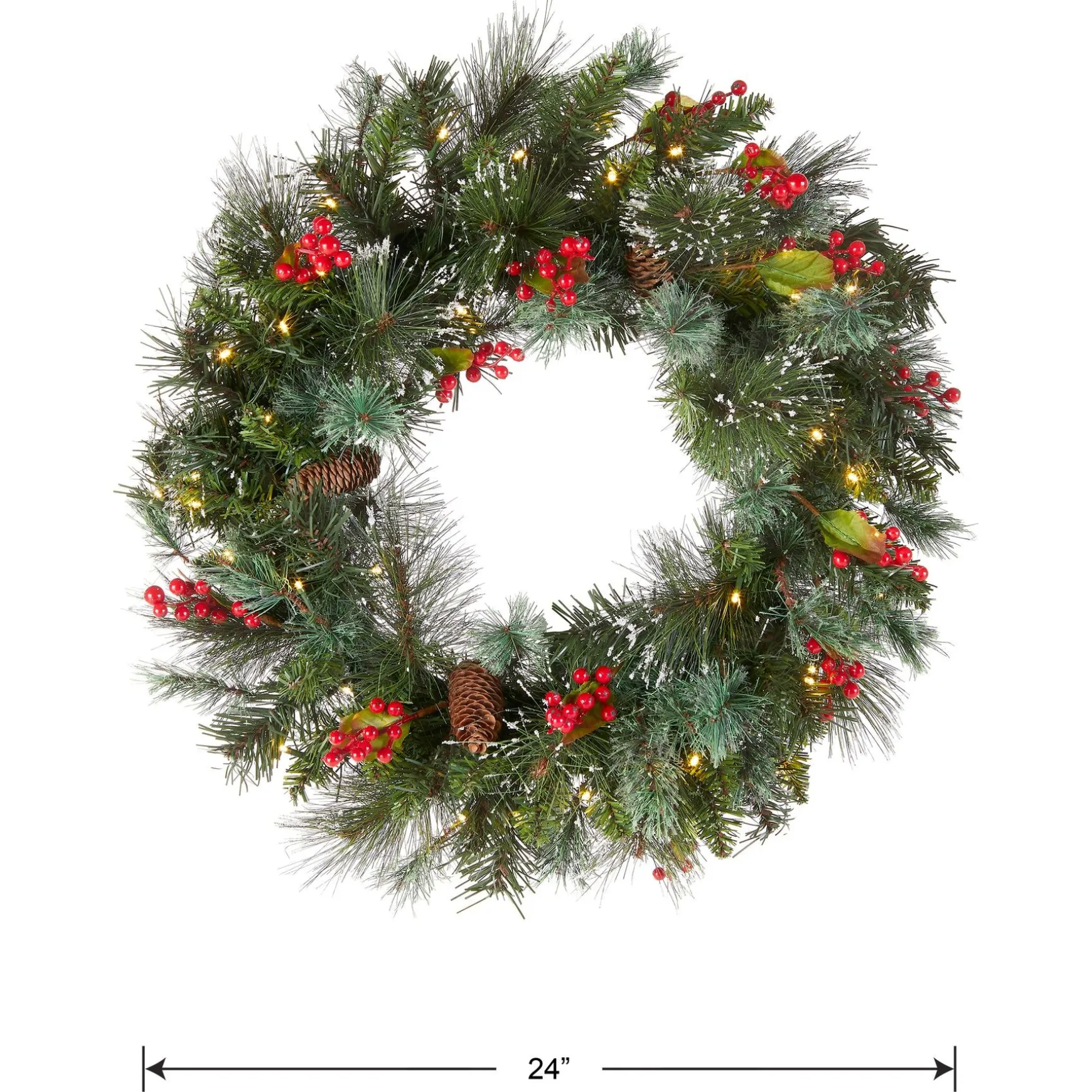 Fashion National Tree Company Pre-Lit Artificial Christmas Wreath, Green, Crestwood Spruce, White Lights, Decorated With Pine Cones, Berry Clusters, Frosted Branches, Christmas Collection, 24 Inches