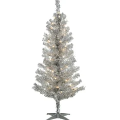 Fashion National Tree Company Pre-Lit Artificial Christmas Tree, Silver Tinsel, White Lights, Includes Stand, 4 Feet