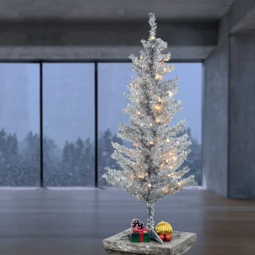 Fashion National Tree Company Pre-Lit Artificial Christmas Tree, Silver Tinsel, White Lights, Includes Stand, 4 Feet