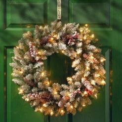 Cheap National Tree Company Pre-Lit Artificial Christmas Wreath, Green, Dunhill Fir, White Lights, Decorated With Pine Cones, Frosted Branches, Berry Clusters, Christmas Collection, 24 Inches