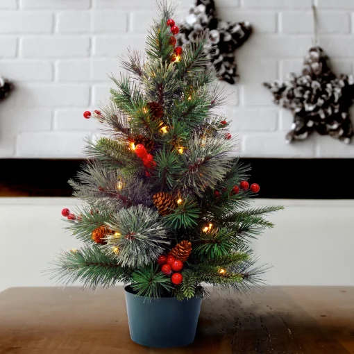 Pre-Lit Artificial Christmas Tree, Green, Colonial Fir, White Led Lights, Decorated With Berry Clusters, Pine Cones, Includes Pot Base, Battery Operated, 2 Feet^National Tree Company Flash Sale