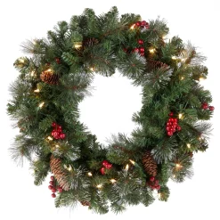 Sale National Tree Company Pre-Lit Artificial Christmas Wreath, Green, Crestwood Spruce, White Lights, Plug-In, Decorated With Pine Cones, Berry Clusters, Christmas Collection, 24 Inches
