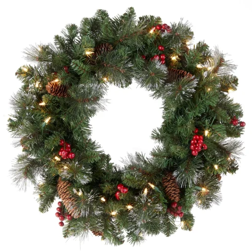 Sale National Tree Company Pre-Lit Artificial Christmas Wreath, Green, Crestwood Spruce, White Lights, Plug-In, Decorated With Pine Cones, Berry Clusters, Christmas Collection, 24 Inches