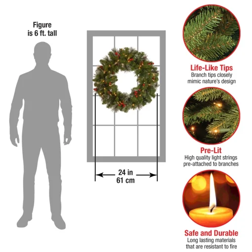 Sale National Tree Company Pre-Lit Artificial Christmas Wreath, Green, Crestwood Spruce, White Lights, Plug-In, Decorated With Pine Cones, Berry Clusters, Christmas Collection, 24 Inches