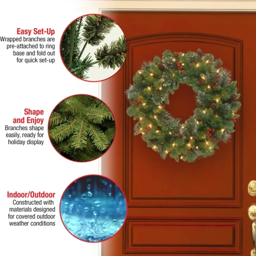 Sale National Tree Company Pre-Lit Artificial Christmas Wreath, Green, Crestwood Spruce, White Lights, Plug-In, Decorated With Pine Cones, Berry Clusters, Christmas Collection, 24 Inches