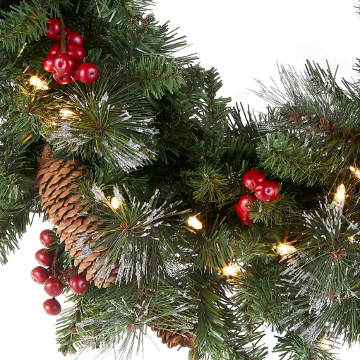 Sale National Tree Company Pre-Lit Artificial Christmas Wreath, Green, Crestwood Spruce, White Lights, Plug-In, Decorated With Pine Cones, Berry Clusters, Christmas Collection, 24 Inches