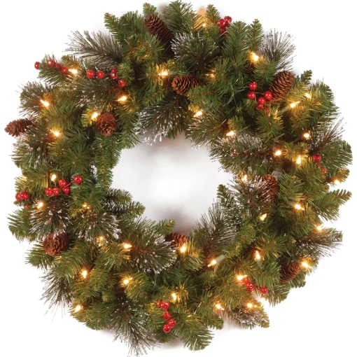 Sale National Tree Company Pre-Lit Artificial Christmas Wreath, Green, Crestwood Spruce, White Lights, Plug-In, Decorated With Pine Cones, Berry Clusters, Christmas Collection, 24 Inches