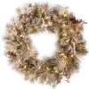 New National Tree Company Pre-Lit Artificial Christmas Wreath, Green, Snowy Bedford Pine, White Lights, Decorated With Pine Cones, Berry Clusters, Frosted Branches, Christmas Collection, 30 Inches