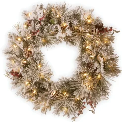 New National Tree Company Pre-Lit Artificial Christmas Wreath, Green, Snowy Bedford Pine, White Lights, Decorated With Pine Cones, Berry Clusters, Frosted Branches, Christmas Collection, 30 Inches