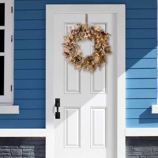 New National Tree Company Pre-Lit Artificial Christmas Wreath, Green, Snowy Bedford Pine, White Lights, Decorated With Pine Cones, Berry Clusters, Frosted Branches, Christmas Collection, 30 Inches